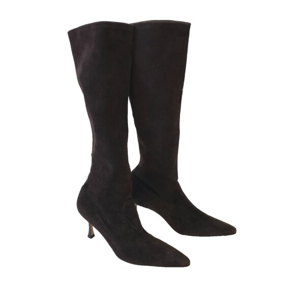 Manolo Blahnik Pamfilo Suede Boots Womens 38.5 Brown Stiletto Tall Heels Heeled - Picture 7 of 15
